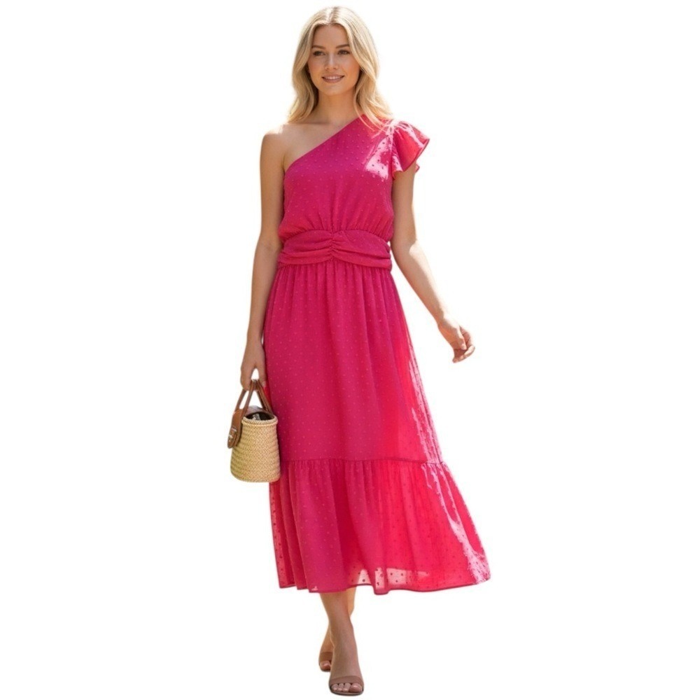Chelsea28 Swiss Dot One-Shoulder Midi Dress, Color Vibrant Pink, Size Medium